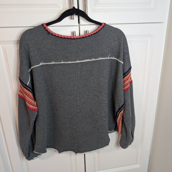 Natural Life Boho Charcoal Oversized Sweatshirt W/ Red Knit Trim, Raw Edges, S/M - Picture 3 of 9